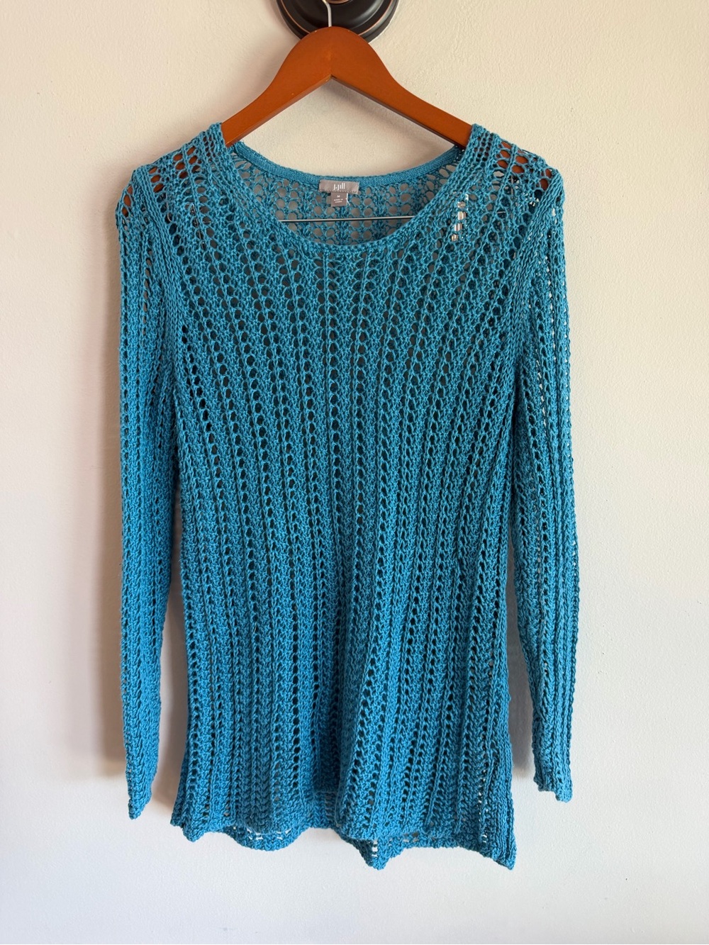 J. Jill Turquoise Blue Open Knit Crochet Sweater Mesh Pullover Medium